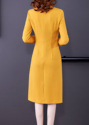 Elegant Yellow O-Neck Embroidered Button Maxi Dress Fall