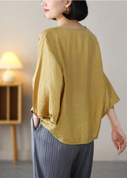 Elegant Yellow O-Neck Oversized Linen Shirt Top Batwing Sleeve