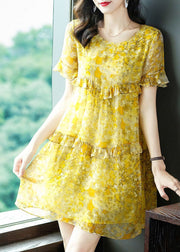 Elegant Yellow O-Neck Patchwork Ruffles Print Chiffon Holiday Dress Summer