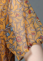 Elegant Yellow O-Neck Wrinkled Ruffled Print Chiffon Dress Short Sleeve