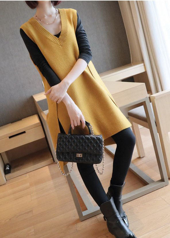 Elegant Yellow Oversized Side Open Knit Long Vests Sleeveless