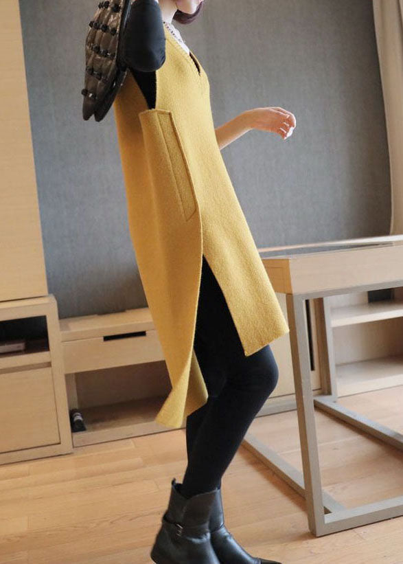 Elegant Yellow Oversized Side Open Knit Long Vests Sleeveless