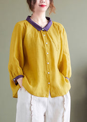 Elegant Yellow Peter Pan Collar Patchwork Linen Shirt Top Bracelet Sleeve