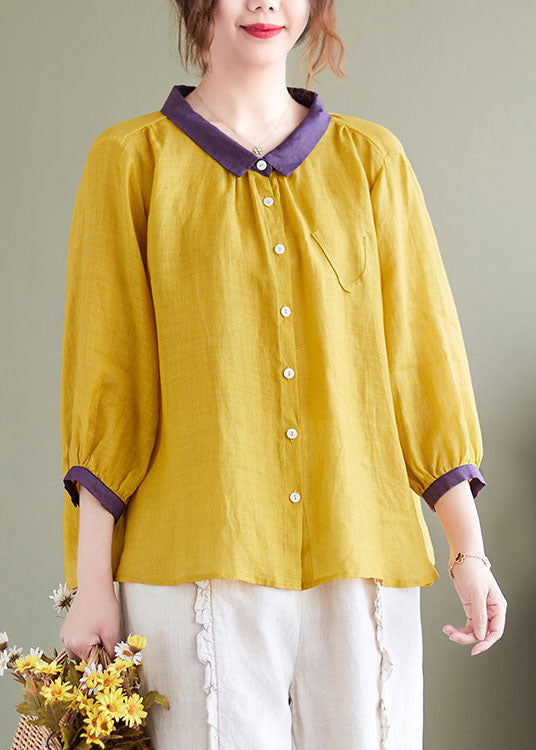 Elegant Yellow Peter Pan Collar Patchwork Linen Shirt Top Bracelet Sleeve