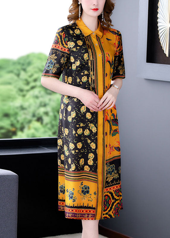 Elegant Yellow Peter Pan Collar Print Silk Shirt Dress For Women Short Sleeve