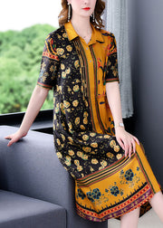 Elegant Yellow Peter Pan Collar Print Silk Shirt Dress For Women Short Sleeve