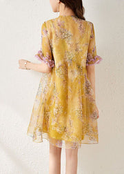 Elegant Yellow Print Chinese Button Tassel Silk Mid Dresses Summer