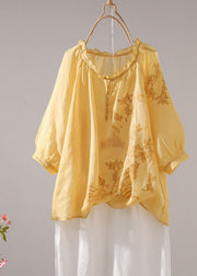 Elegant Yellow Ruffled Patchwork Linen T Shirt Tops Summer