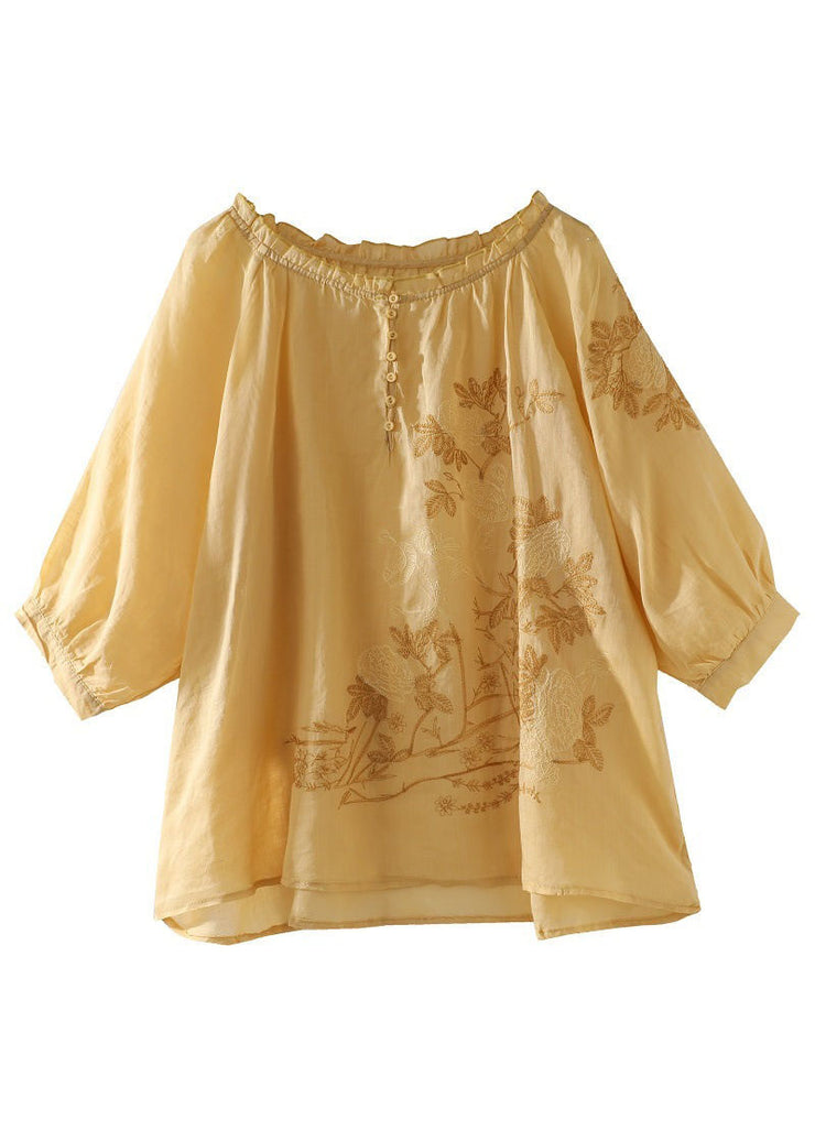 Elegant Yellow Ruffled Patchwork Linen T Shirt Tops Summer