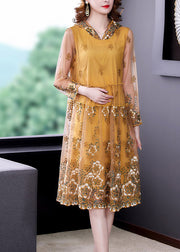 Elegant Yellow Ruffled Tulle Vacation Hooded Tulle Long Dresses Spring