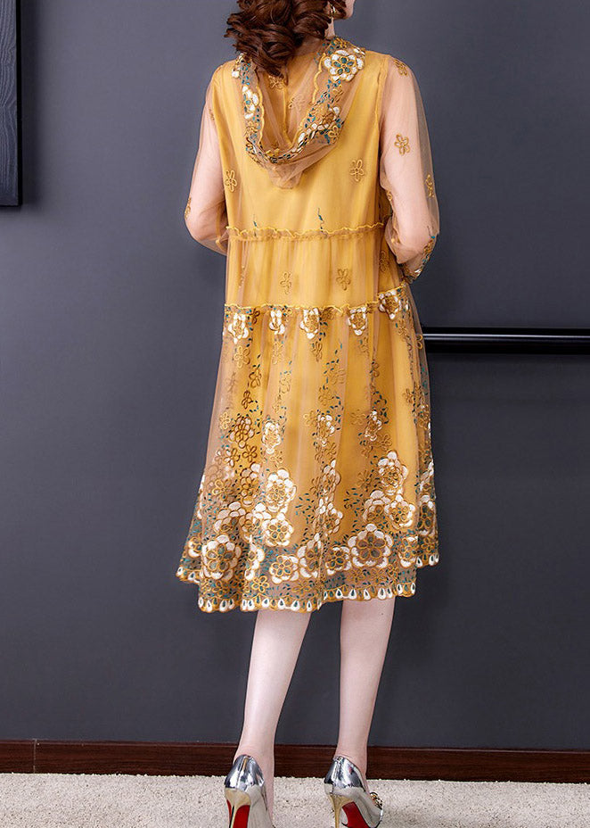 Elegant Yellow Ruffled Tulle Vacation Hooded Tulle Long Dresses Spring