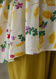 Elegant Yellow Ruffles Print Batwing Sleeve Cotton Linen Top - SooLinen