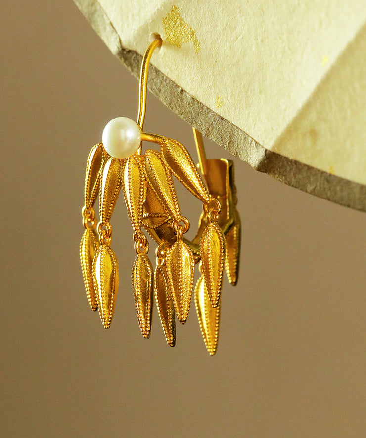 Elegant Yellow Silver Gold Plated Bambll Leaf Drop Earrings