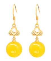 Elegant Yellow Silver Inlaid Beeswax Ball Drop Earrings
