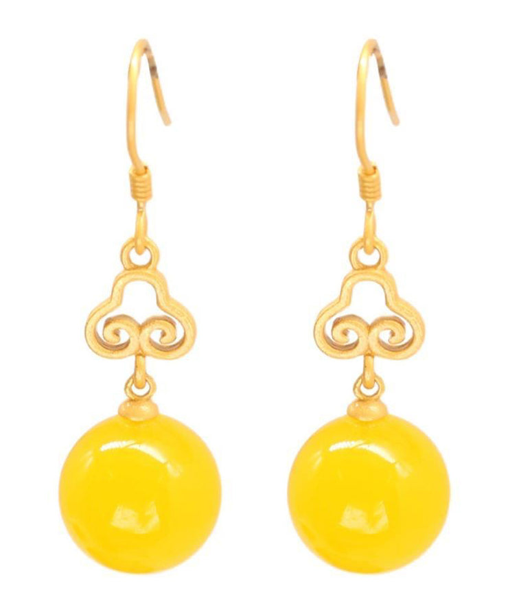 Elegant Yellow Silver Inlaid Beeswax Ball Drop Earrings