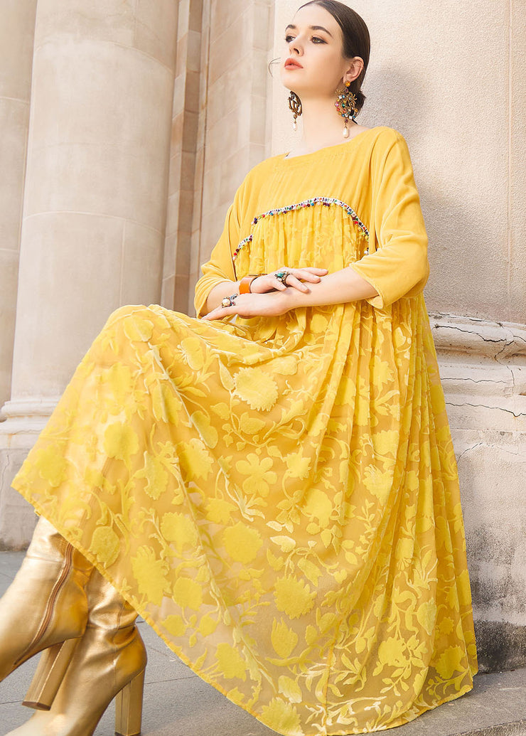 Elegant Yellow Square Collar Patchwork Silk Velour Maxi Dress Bracelet Sleeve