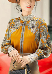 Elegant Yellow Stand Collar Embroidered Patchwork Print Chiffon Blouse Tops Long Sleeve