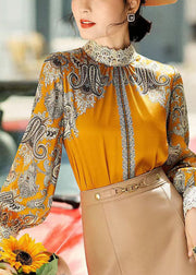 Elegante gelbe Stehkragen bestickte Chiffon-Bluse mit Patchwork-Print und langen Ärmeln