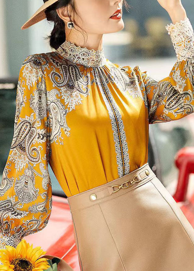 Elegant Yellow Stand Collar Embroidered Patchwork Print Chiffon Blouse Tops Long Sleeve