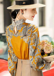 Elegante gelbe Stehkragen bestickte Chiffon-Bluse mit Patchwork-Print und langen Ärmeln