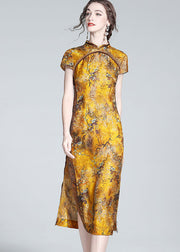 Elegant Yellow Stand Collar Patchwork Side Open Silk Dress Summer