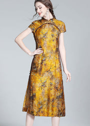 Elegant Yellow Stand Collar Patchwork Side Open Silk Dress Summer