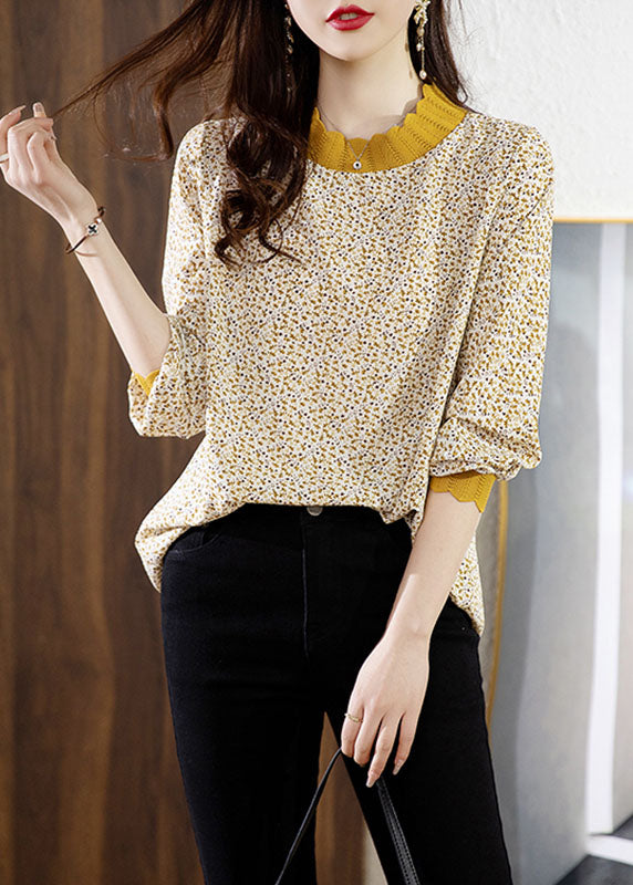 Elegant Yellow Stand Collar Print Chiffon Shirt Top Spring