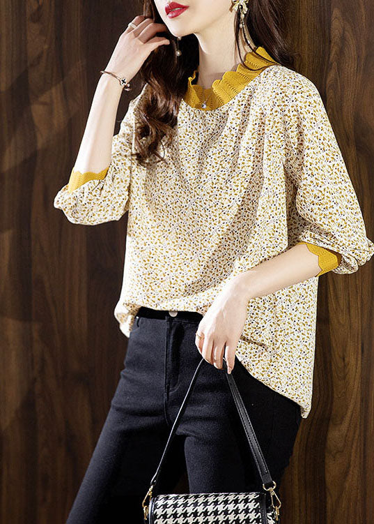 Elegant Yellow Stand Collar Print Chiffon Shirt Top Spring
