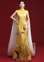 Elegant Yellow Stand Collar Print Patchwork Silk Holiday Dress Summer