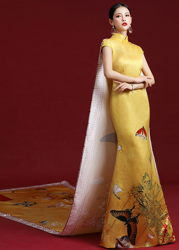 Elegant Yellow Stand Collar Print Patchwork Silk Holiday Dress Summer