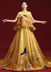 Elegant Yellow Stand Collar Print Ruffled Silk Maxi Dresses Sleeveless