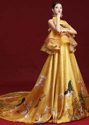 Elegant Yellow Stand Collar Print Ruffled Silk Maxi Dresses Sleeveless
