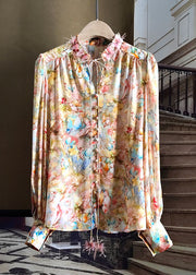 Elegant Yellow Stand Collar Print Silk Blouse Top Spring