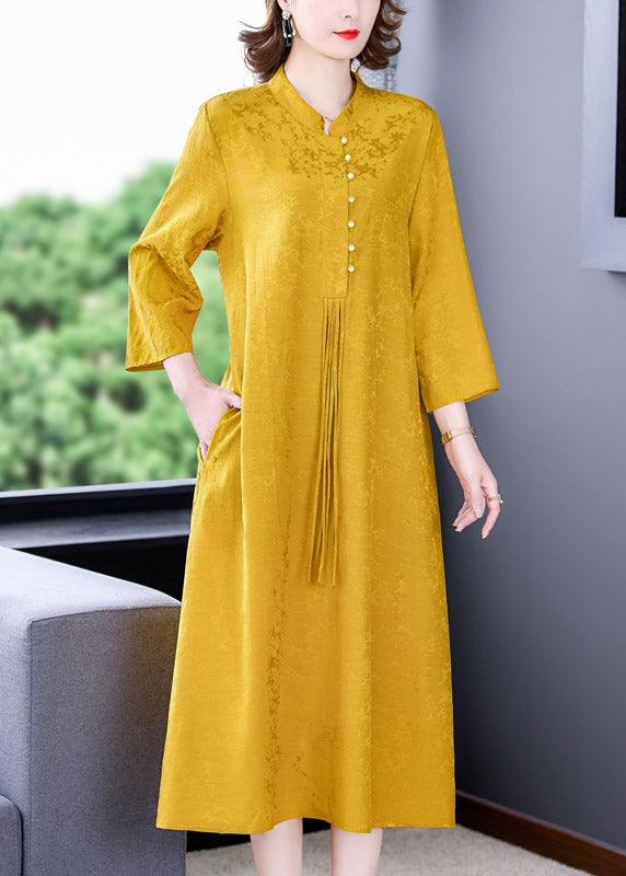 Elegant Yellow Stand Collar Tassel Button Silk Long Dresses Long Sleeve