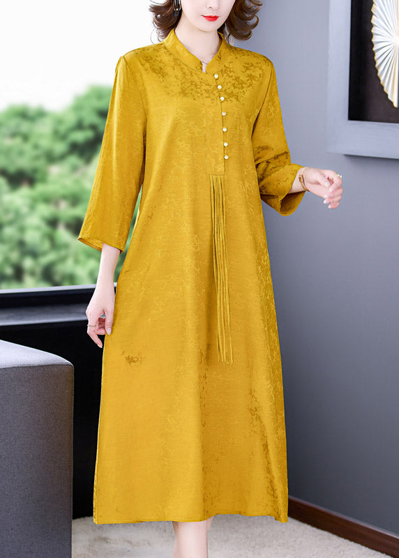 Elegant Yellow Stand Collar Tassel Button Silk Long Dresses Long Sleeve