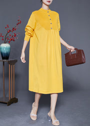 Elegant Yellow Stand Collar Wrinkled Knit Long Dress Spring