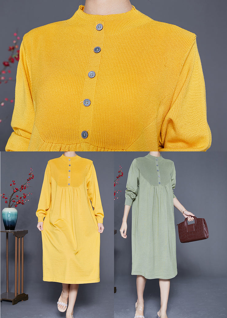 Elegant Yellow Stand Collar Wrinkled Knit Long Dress Spring