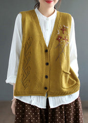 Elegant Yellow V Neck Button Patchwork Cotton Knit Waistcoat Sleeveless