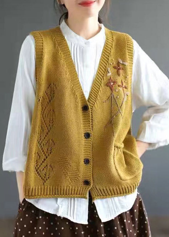 Elegant Yellow V Neck Button Patchwork Cotton Knit Waistcoat Sleeveless