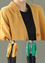 Elegant Yellow V Neck Button Patchwork Warm Fleece Sweatshirt Coat Fall