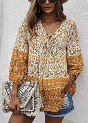 Elegant Yellow V Neck Lace Up Print Patchwork Cotton Top Long Sleeve