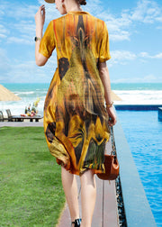 Elegant Yellow V Neck Print Draping Silk Holiday Dress Short Sleeve
