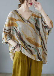 Elegant Yellow V Neck Print Fall Striped Shirt Tops Half Sleeve