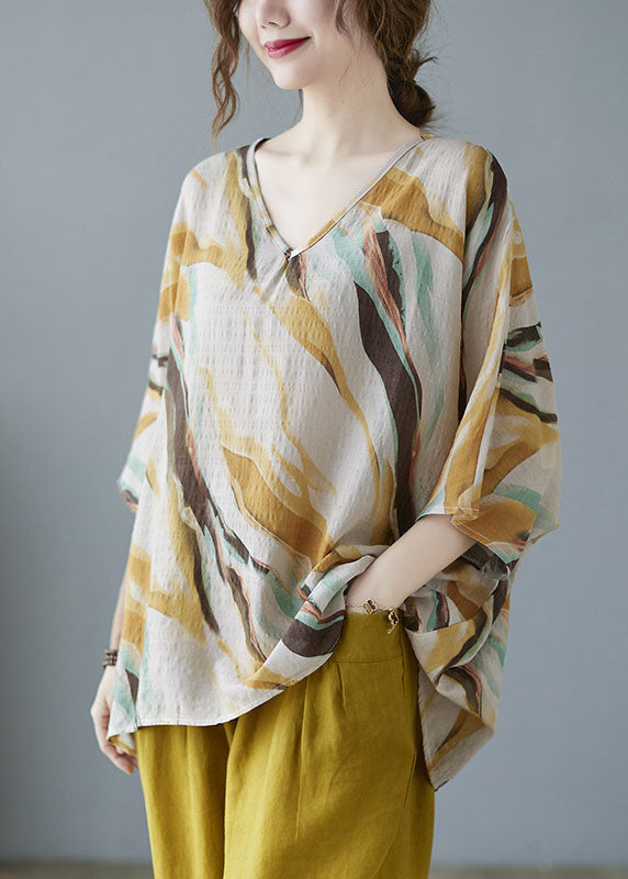 Elegant Yellow V Neck Print Fall Striped Shirt Tops Half Sleeve