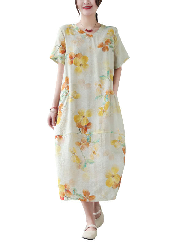 Elegant Yellow V Neck Print Patchwork Cotton Dress Summer