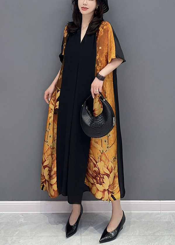 Elegant Yellow V Neck Print Wrinkled Drawstring Patchwork Silk Dress Summer