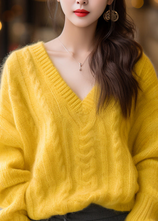Elegant Yellow V Neck Solid Cotton Knit Sweaters Winter