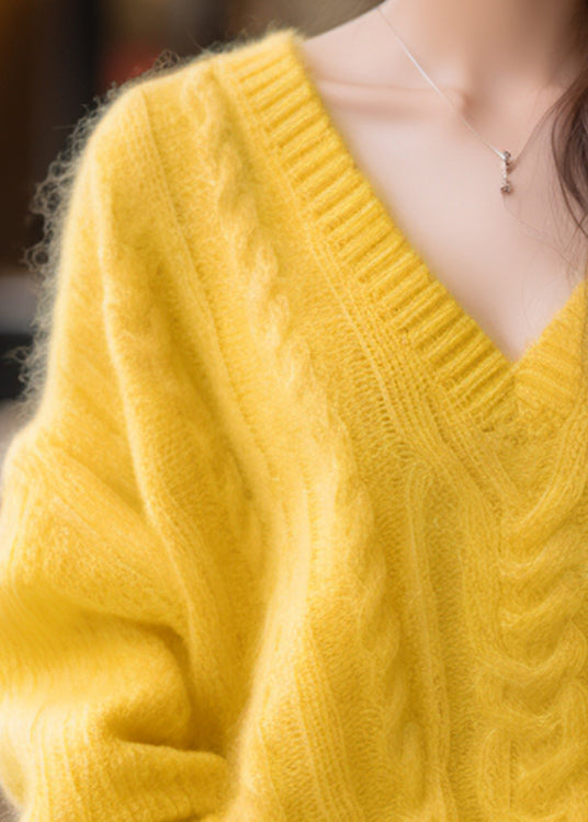 Elegant Yellow V Neck Solid Cotton Knit Sweaters Winter
