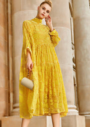 Elegant Yellow Wrinkled Bow Silk Velour Patchwork Long Dress Long Sleeve