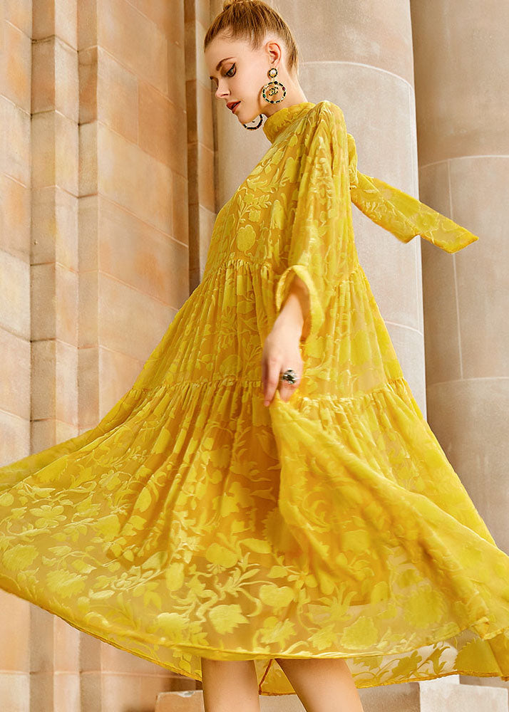 Elegant Yellow Wrinkled Bow Silk Velour Patchwork Long Dress Long Sleeve